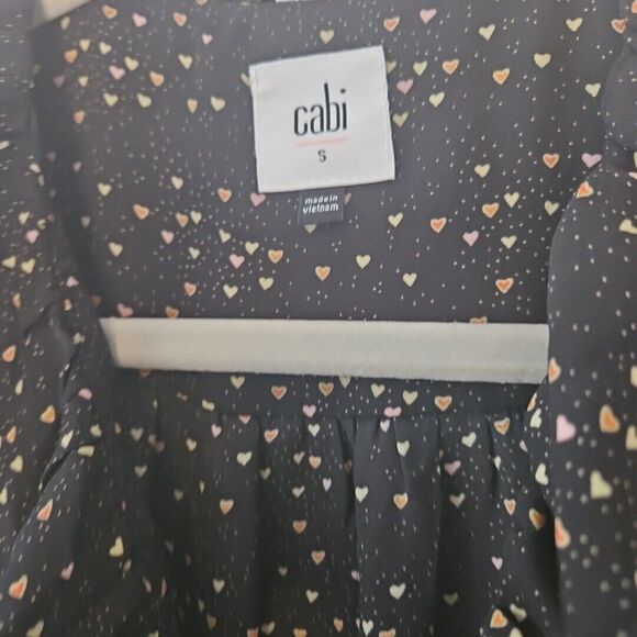 Cabi Blouse Black w/ Colorful Tiny Hearts, Peplum, Ruffles Neckline, Snaps,‎ Sm. - Picture 3 of 10